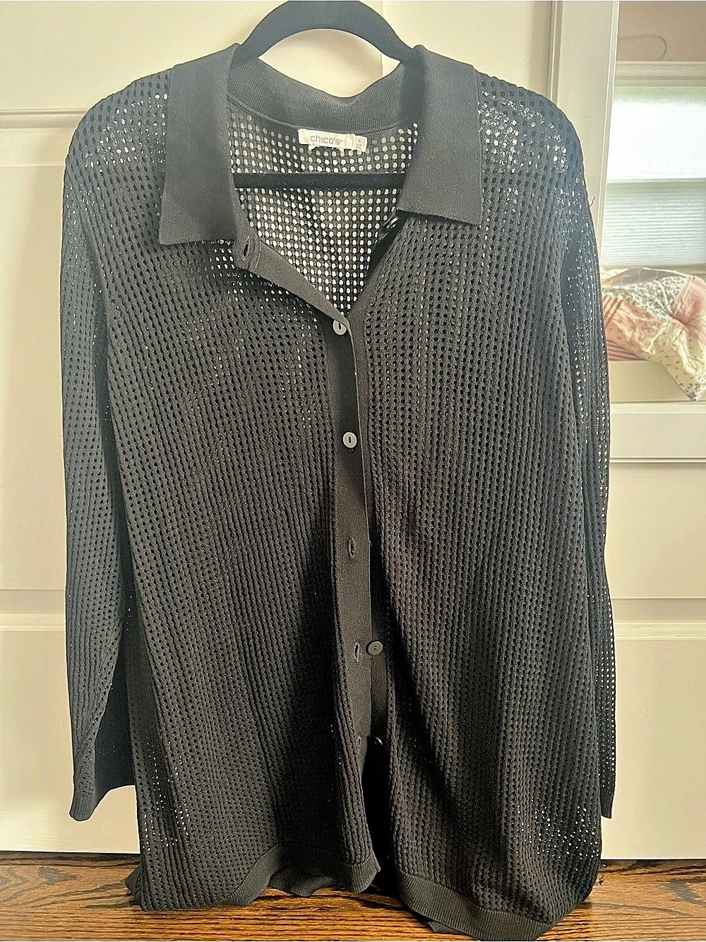 Chico's Black Open Knit Mesh Collared Button-Down Cardigan Black Size 4 XXL
